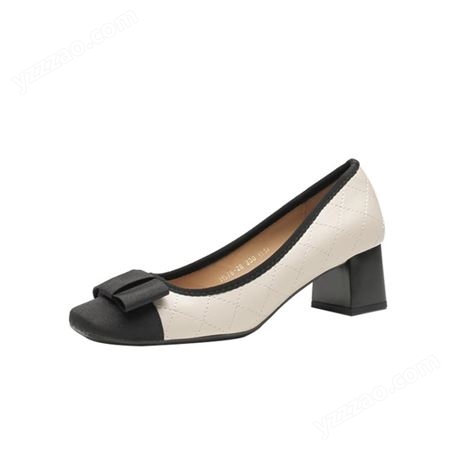 H978-28羊皮垫方头高跟鞋拼接皮粗跟法式女鞋车缝线皮饰扣单鞋女